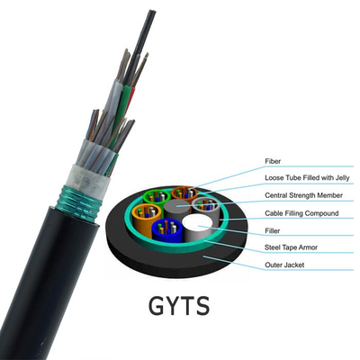 Черный кабель стекловолокна трубопровода кабеля оптического волокна ядра куртки GYTS 96 MDPE на открытом воздухе